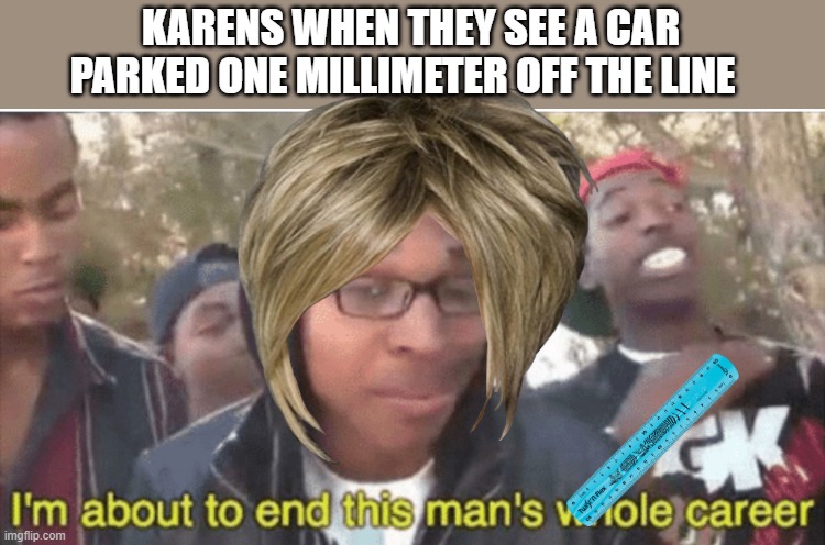 I’m about to ruin this man’s whole career | KARENS WHEN THEY SEE A CAR PARKED ONE MILLIMETER OFF THE LINE | image tagged in i m about to ruin this man s whole career | made w/ Imgflip meme maker