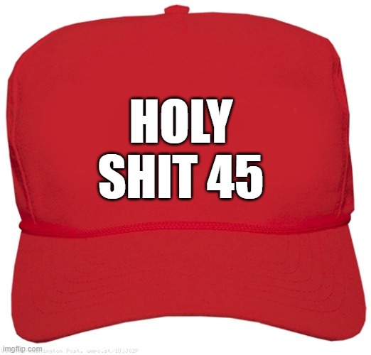 blank red MAGA CRAP hat | HOLY SHIT 45 | image tagged in blank red maga hat,dictator,fascist,commie,change my mind,maga | made w/ Imgflip meme maker