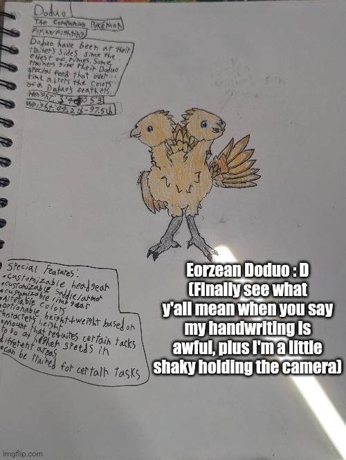 Still don't know what to do with Sudowoodo | Eorzean Doduo : D
(Finally see what y'all mean when you say my handwriting is awful, plus I'm a little shaky holding the camera) | image tagged in final fantasy,pokemon | made w/ Imgflip meme maker