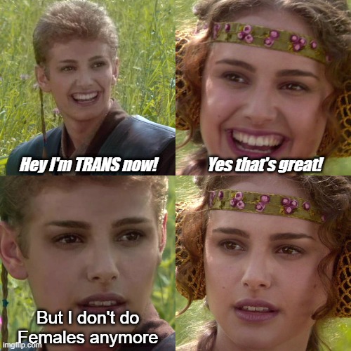 Trans-Anakin Padme | Yes that's great! Hey I'm TRANS now! But I don't do
Females anymore | image tagged in anakin padme 4 panel,anakin,star wars,transgender,trans | made w/ Imgflip meme maker