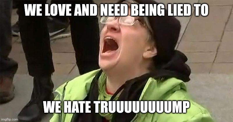crying liberal | WE LOVE AND NEED BEING LIED TO WE HATE TRUUUUUUUUMP | image tagged in crying liberal | made w/ Imgflip meme maker