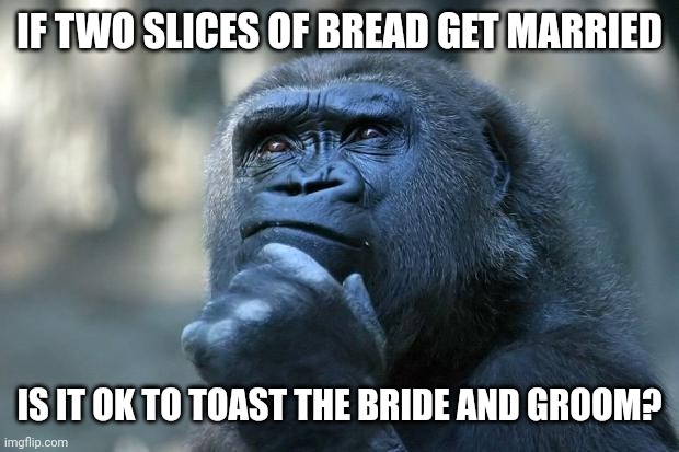 Deep Thoughts | IF TWO SLICES OF BREAD GET MARRIED; IS IT OK TO TOAST THE BRIDE AND GROOM? | image tagged in deep thoughts | made w/ Imgflip meme maker