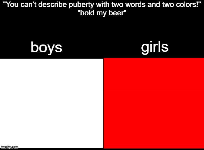blank black | "You can't describe puberty with two words and two colors!"
"hold my beer"; boys; girls | image tagged in blank black | made w/ Imgflip meme maker
