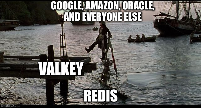 Jack Sparrow Sinking ship | GOOGLE, AMAZON, ORACLE,
AND EVERYONE ELSE; VALKEY; REDIS | image tagged in jack sparrow sinking ship | made w/ Imgflip meme maker