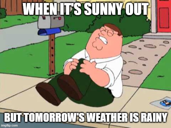 My knee predicts the weather | WHEN IT'S SUNNY OUT; BUT TOMORROW'S WEATHER IS RAINY | image tagged in peter hurting his knee,weather,knee,pain,rain | made w/ Imgflip meme maker