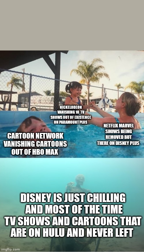 Current streaming | NICKELODEON VANISHING 10  TV SHOWS OUT OF EXISTENCE ON PARAMOUNT PLUS; NETFLIX MARVEL SHOWS BEING REMOVED BUT THERE ON DISNEY PLUS; CARTOON NETWORK VANISHING CARTOONS OUT OF HBO MAX; DISNEY IS JUST CHILLING  AND MOST OF THE TIME TV SHOWS AND CARTOONS THAT ARE ON HULU AND NEVER LEFT | image tagged in swimming pool kids | made w/ Imgflip meme maker