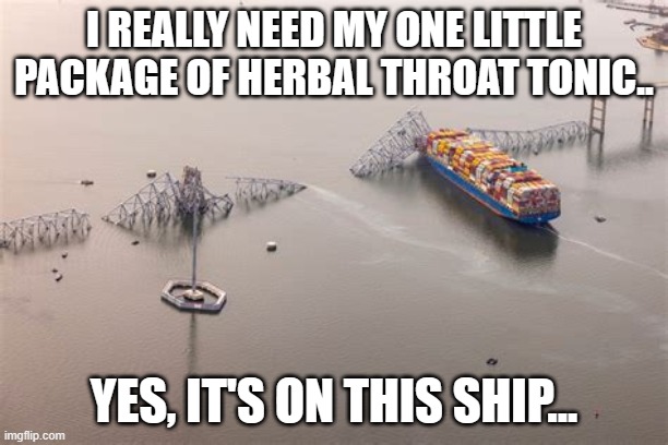 My luck... | I REALLY NEED MY ONE LITTLE PACKAGE OF HERBAL THROAT TONIC.. YES, IT'S ON THIS SHIP... | image tagged in bridge,package | made w/ Imgflip meme maker