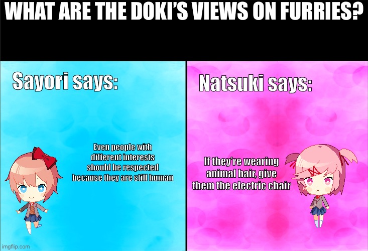 What are the Doki’s views on furries? | WHAT ARE THE DOKI’S VIEWS ON FURRIES? Sayori says:; Natsuki says:; Even people with different interests should be respected because they are still human; If they’re wearing animal hair, give them the electric chair | image tagged in fun | made w/ Imgflip meme maker