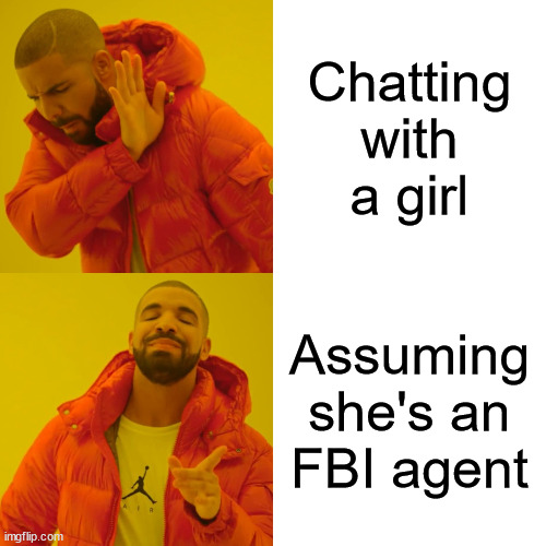 Men's Modern problems | Chatting with a girl; Assuming she's an FBI agent | image tagged in memes,drake hotline bling | made w/ Imgflip meme maker