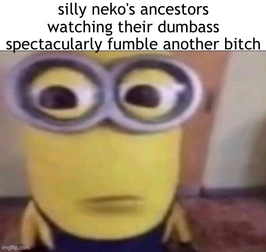 L riz- never mind, that word sucks | silly neko's ancestors watching their dumbass spectacularly fumble another bitch | image tagged in minion stare | made w/ Imgflip meme maker