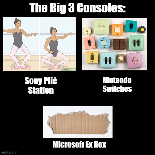 The Big 3 Consoles | The Big 3 Consoles:; Nintendo
Switches; Sony Plié
Station; Microsoft Ex Box | image tagged in pun,videogames,consoles | made w/ Imgflip meme maker