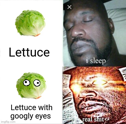 Lettuce with googly eyes | Lettuce; Lettuce with googly eyes | image tagged in memes,sleeping shaq,food memes,jpfan102504 | made w/ Imgflip meme maker