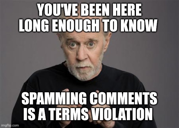 George Carlin | YOU'VE BEEN HERE LONG ENOUGH TO KNOW SPAMMING COMMENTS IS A TERMS VIOLATION | image tagged in george carlin | made w/ Imgflip meme maker