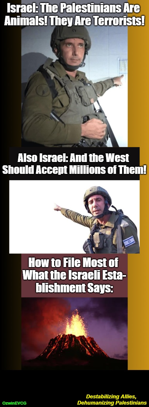 Destabilizing Allies, Dehumanizing Palestinians | Israel: The Palestinians Are 

Animals! They Are Terrorists! Also Israel: And the West 

Should Accept Millions of Them! How to File Most of 

What the Israeli Esta-

blishment Says:; Destabilizing Allies, 

Dehumanizing Palestinians; OzwinEVCG | image tagged in collusion,destabilization,truth about israel,western civilization,soldier pointing,hawaiian volcano | made w/ Imgflip meme maker