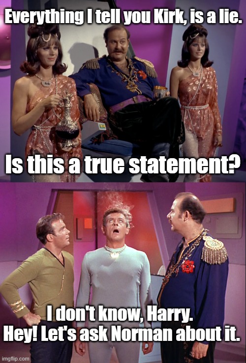 Epimenides Paradox Variation | Everything I tell you Kirk, is a lie. Is this a true statement? I don't know, Harry.  Hey! Let's ask Norman about it. | image tagged in star trek,captain kirk,philosophy | made w/ Imgflip meme maker