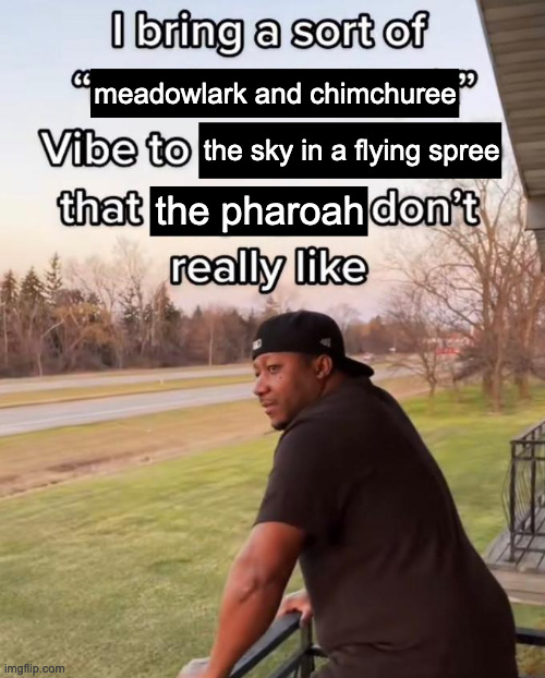 I Bring a Sort of X Vibe to the Y | meadowlark and chimchuree; the sky in a flying spree; the pharoah | image tagged in i bring a sort of x vibe to the y | made w/ Imgflip meme maker