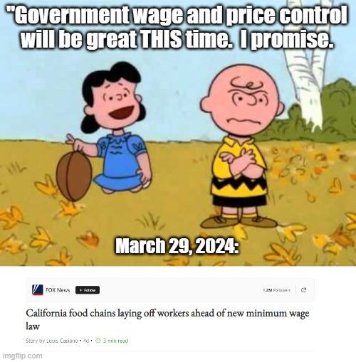 It doesn't matter who ACTUALLY gets hurt, as long as Gov. Newsom and his ilk FEEL they've done something compassionate. | "Government wage and price control will be great THIS time.  I promise. March 29, 2024: | image tagged in lucy football and charlie brown,minimum wage | made w/ Imgflip meme maker