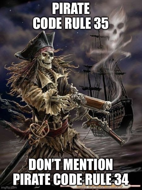 Pirate Skeleton | PIRATE CODE RULE 35; DON’T MENTION PIRATE CODE RULE 34 | image tagged in pirate skeleton | made w/ Imgflip meme maker