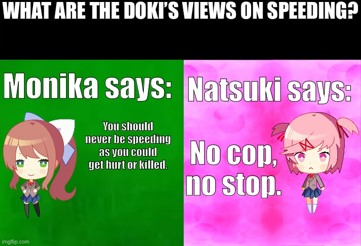 What are the Doki’s views on speeding? | WHAT ARE THE DOKI’S VIEWS ON SPEEDING? Natsuki says:; Monika says:; You should never be speeding as you could get hurt or killed. No cop, no stop. | image tagged in ddlc | made w/ Imgflip meme maker
