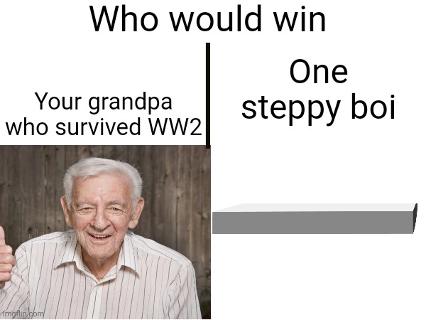 Stair is killer | Who would win; One steppy boi; Your grandpa who survived WW2 | image tagged in tag | made w/ Imgflip meme maker