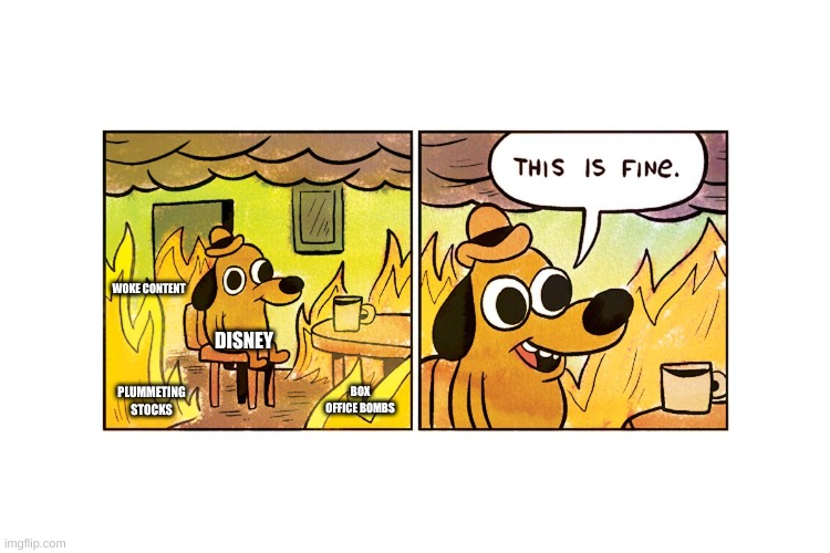 This is fine | WOKE CONTENT; DISNEY; PLUMMETING STOCKS; BOX OFFICE BOMBS | image tagged in this is fine | made w/ Imgflip meme maker