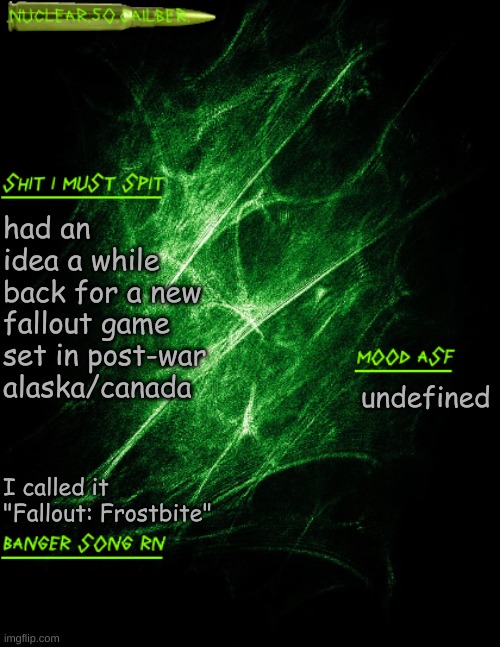 aeiou | had an idea a while back for a new fallout game set in post-war alaska/canada; undefined; I called it "Fallout: Frostbite" | image tagged in nuclear 50 cailber announcement | made w/ Imgflip meme maker