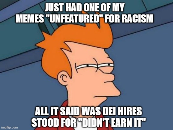 Imgflip libs are angry. Oh noes! | JUST HAD ONE OF MY MEMES "UNFEATURED" FOR RACISM; ALL IT SAID WAS DEI HIRES STOOD FOR "DIDN'T EARN IT" | image tagged in memes,futurama fry,democrats,liberals,woke,dei hires | made w/ Imgflip meme maker