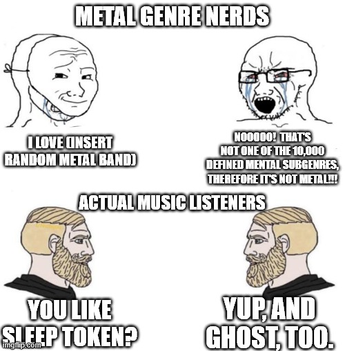 Chad we know | METAL GENRE NERDS; NOOOOO!  THAT'S NOT ONE OF THE 10,000 DEFINED MENTAL SUBGENRES, THEREFORE IT'S NOT METAL!!! I LOVE (INSERT RANDOM METAL BAND); ACTUAL MUSIC LISTENERS; YUP, AND GHOST, TOO. YOU LIKE SLEEP TOKEN? | image tagged in chad we know,ghost,metal,music | made w/ Imgflip meme maker