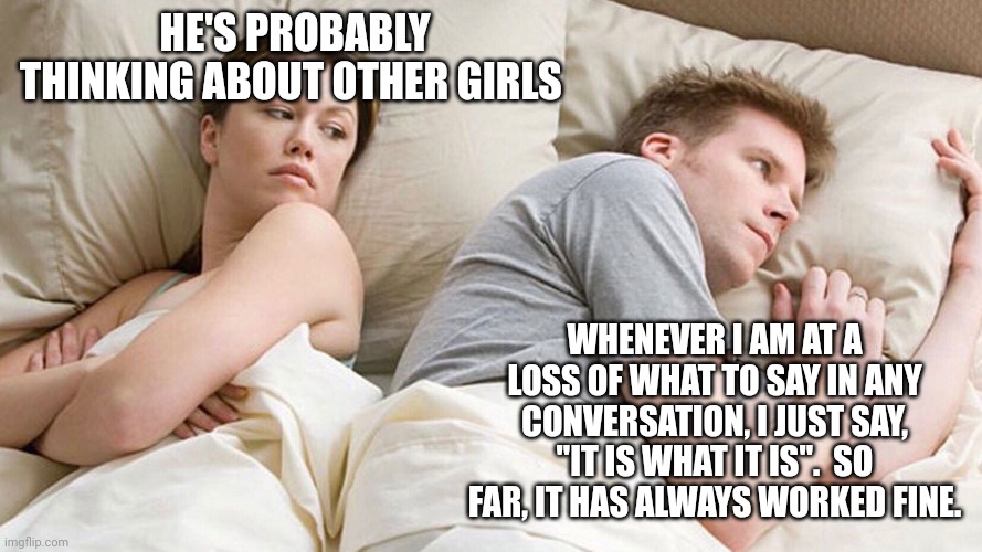 He's probably thinking about girls | HE'S PROBABLY THINKING ABOUT OTHER GIRLS; WHENEVER I AM AT A LOSS OF WHAT TO SAY IN ANY CONVERSATION, I JUST SAY, "IT IS WHAT IT IS".  SO FAR, IT HAS ALWAYS WORKED FINE. | image tagged in he's probably thinking about girls | made w/ Imgflip meme maker