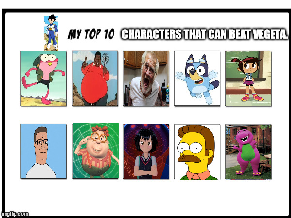 CHARACTERS THAT CAN BEAT VEGETA. | image tagged in top 10 | made w/ Imgflip meme maker