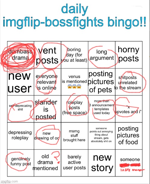 at least i got one bingo (the ? is referring to another doxxing incident from long ago that was brought up in a comment section) | image tagged in daily imgflip-bossfights bingo | made w/ Imgflip meme maker