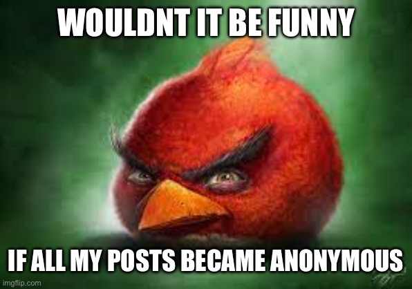 Realistic Red Angry Birds | WOULDNT IT BE FUNNY; IF ALL MY POSTS BECAME ANONYMOUS | image tagged in realistic red angry birds | made w/ Imgflip meme maker