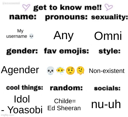 I'm bored idk | My username 💀; Any; Omni; 💀😶‍🌫🤨🫠; Non-existent; Agender; nu-uh; Childe= Ed Sheeran; Idol - Yoasobi | image tagged in get to know me but better | made w/ Imgflip meme maker