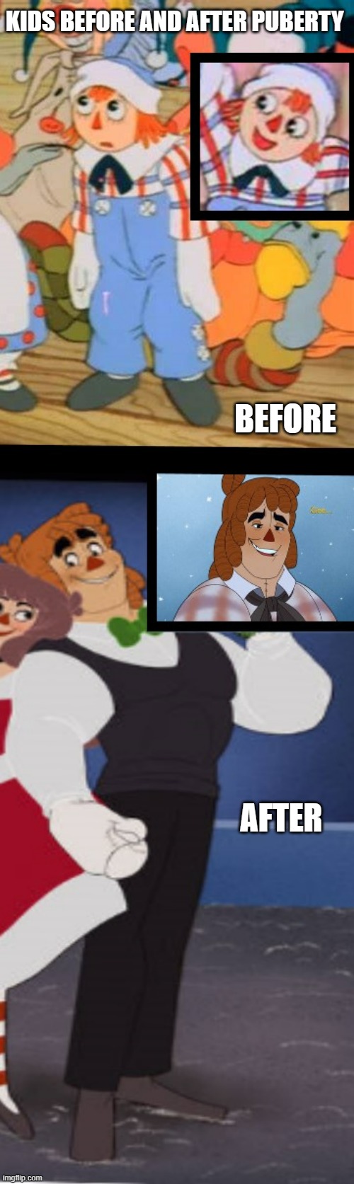 KIDS BEFORE AND AFTER PUBERTY: ANDY EDITION | KIDS BEFORE AND AFTER PUBERTY; BEFORE; AFTER | image tagged in disney,cartoon,musical,annabelle,andy,giga chad | made w/ Imgflip meme maker