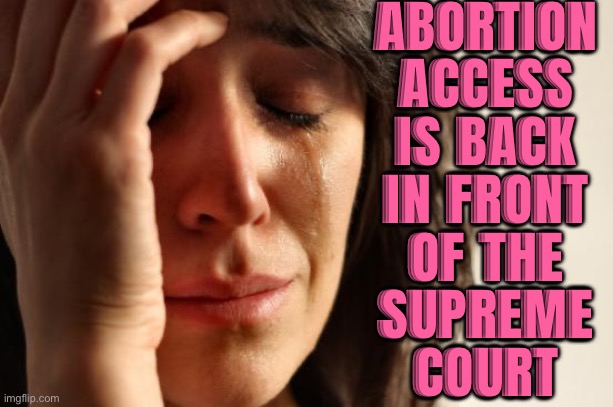 Abortion access again before Supreme Court | ABORTION
ACCESS
IS BACK
IN FRONT
OF THE
SUPREME
COURT | image tagged in memes,first world problems,gender equality,womens rights,abortion,scumbag republicans | made w/ Imgflip meme maker