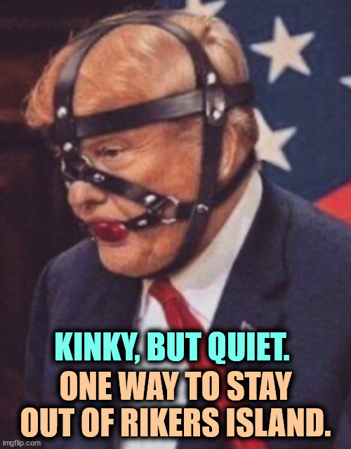 No, no, NO! That's the wrong gag order! Have you been talking to Stephen Miller again? | KINKY, BUT QUIET. ONE WAY TO STAY OUT OF RIKERS ISLAND. | image tagged in donald trump ball gag,trump,silence,jail,prison,quiet | made w/ Imgflip meme maker