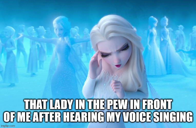 Either cringe, or holding in a laugh | THAT LADY IN THE PEW IN FRONT OF ME AFTER HEARING MY VOICE SINGING | image tagged in elsa cringe | made w/ Imgflip meme maker