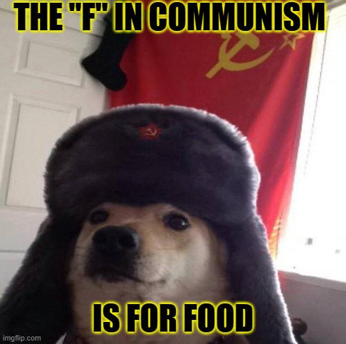 But there is no "F" in Communism | THE "F" IN COMMUNISM; IS FOR FOOD | image tagged in russian doge,communism,angry sjw,sjw,sjw triggered | made w/ Imgflip meme maker
