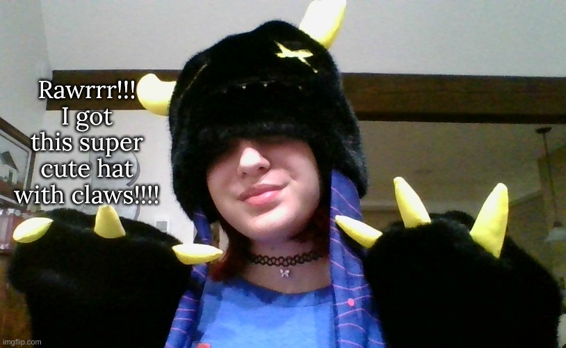 Rawrrr!!! I got this super cute hat with claws!!!! | image tagged in m | made w/ Imgflip meme maker