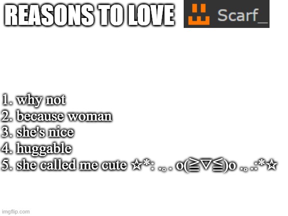 i love my bestie and my bestie love me <33333 | REASONS TO LOVE; 1. why not
2. because woman
3. she's nice
4. huggable
5. she called me cute ☆*: .｡. o(≧▽≦)o .｡.:*☆ | image tagged in blank white template | made w/ Imgflip meme maker