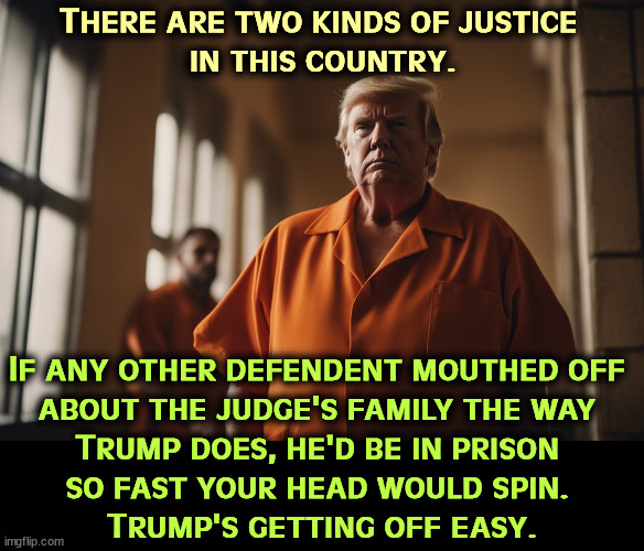 There are two kinds of justice 
in this country. If any other defendent mouthed off 
about the judge's family the way 
Trump does, he'd be in prison 
so fast your head would spin. 
Trump's getting off easy. | image tagged in trump,justice,court,judge,jail,prison | made w/ Imgflip meme maker