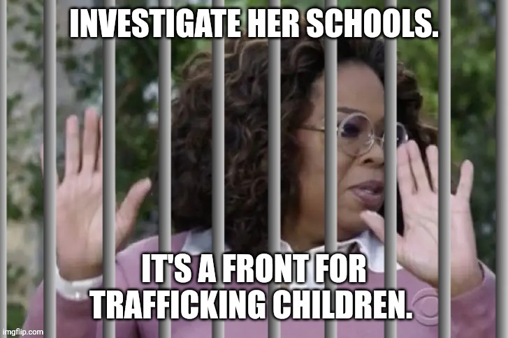 Black Epstein. Blepstein? | INVESTIGATE HER SCHOOLS. IT'S A FRONT FOR TRAFFICKING CHILDREN. | image tagged in oprah winfrey | made w/ Imgflip meme maker