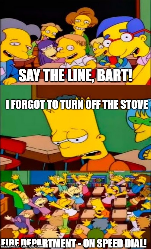 funi | SAY THE LINE, BART! I FORGOT TO TURN OFF THE STOVE; FIRE DEPARTMENT - ON SPEED DIAL! | image tagged in say the line bart simpsons | made w/ Imgflip meme maker