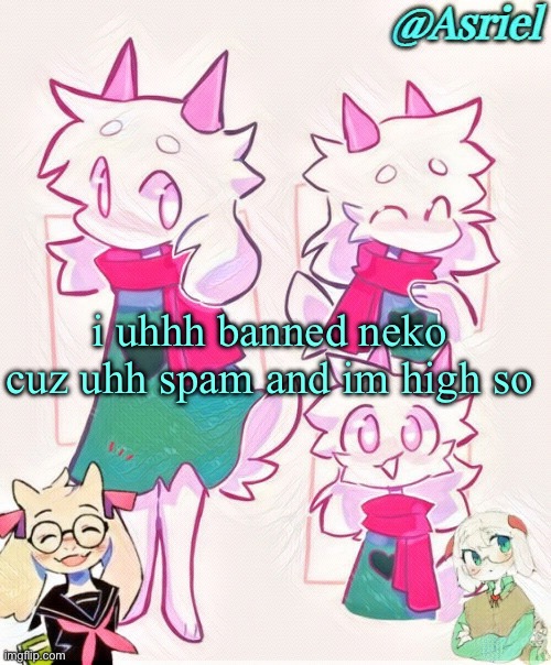 i will not have mod soon but ok | i uhhh banned neko cuz uhh spam and im high so | image tagged in asriel template | made w/ Imgflip meme maker