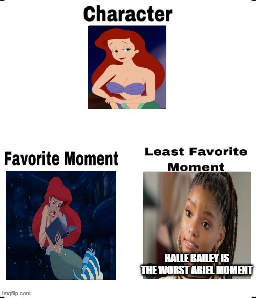 favorite ariel moments | HALLE BAILEY IS THE WORST ARIEL MOMENT | image tagged in ariel moments,the little mermaid,disney,favorites,that moment,ariel | made w/ Imgflip meme maker
