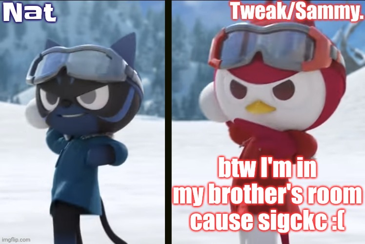 Nat and Tweak announcement temp | btw I'm in my brother's room cause sigckc :( | image tagged in nat and tweak announcement temp | made w/ Imgflip meme maker