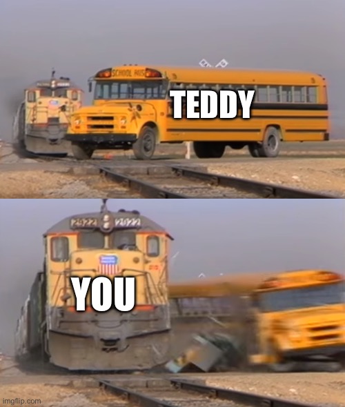 A train hitting a school bus | TEDDY YOU | image tagged in a train hitting a school bus | made w/ Imgflip meme maker