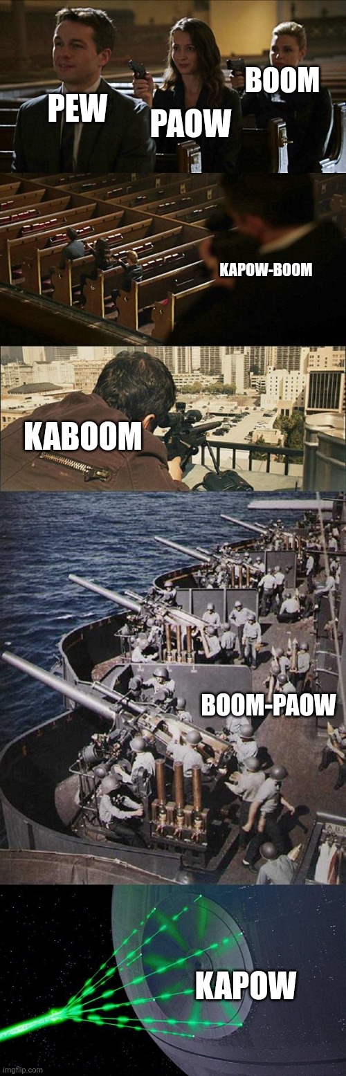 PEW PAOW BOOM KAPOW-BOOM KABOOM BOOM-PAOW KAPOW | image tagged in assassination chain extended | made w/ Imgflip meme maker