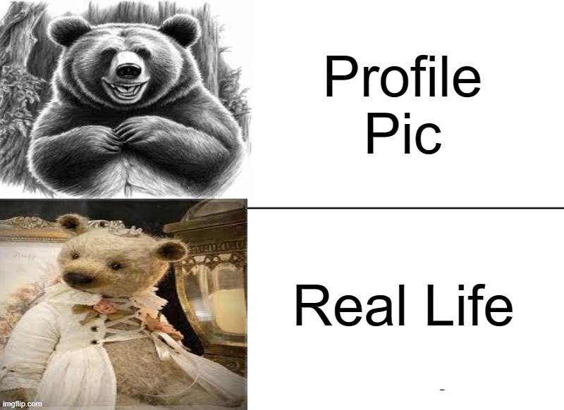 Profile Pic vs REAL LIFE Handsome bear Original meme Siahara Shyne | Profile Pic; Real Life | image tagged in memes,tuxedo winnie the pooh,chainsaw bear,bear | made w/ Imgflip meme maker