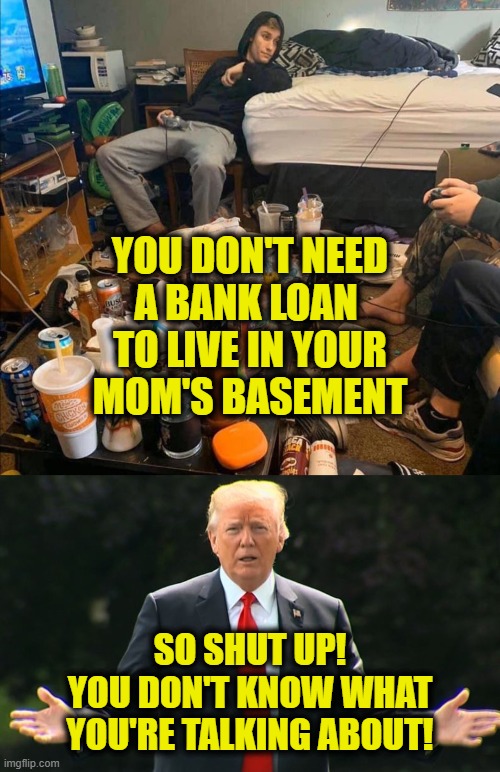 I've got the subterranean TDS blues | YOU DON'T NEED
A BANK LOAN 
TO LIVE IN YOUR
MOM'S BASEMENT; SO SHUT UP!
YOU DON'T KNOW WHAT
YOU'RE TALKING ABOUT! | image tagged in donald trump | made w/ Imgflip meme maker